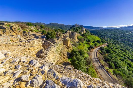 View of the Medieval Nimrod Fortress and nearby landscape, in the Golan Heights, Northern Israel