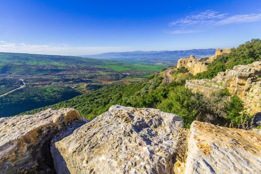 View of the Medieval Nimrod Fortress with nearby landscape and countryside, in the Golan Heights, Northern Israel
