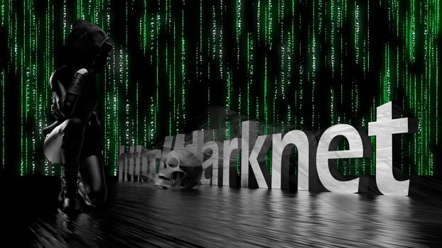 Darknet text word on a dark background, a woman in black and a skull - 3d rendering