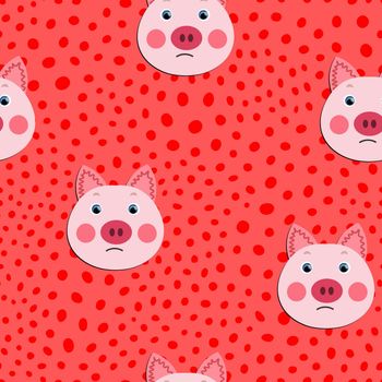 Vector flat animals colorful illustration for kids. Seamless pattern with cute pig face on pink polka dots background. Adorable cartoon character. Design for textures, card, poster, fabric, textile