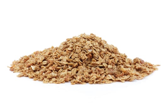 A heap of granola on a white background