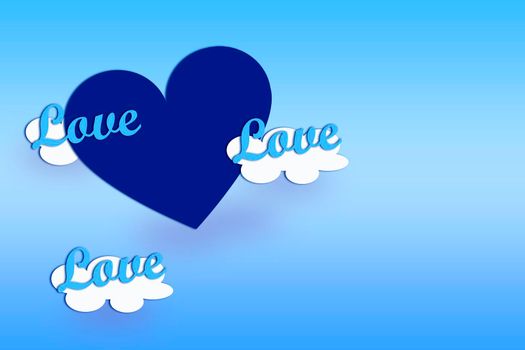 Festive background for Valentine's day. On a background is a blue heart with clouds and the text love.