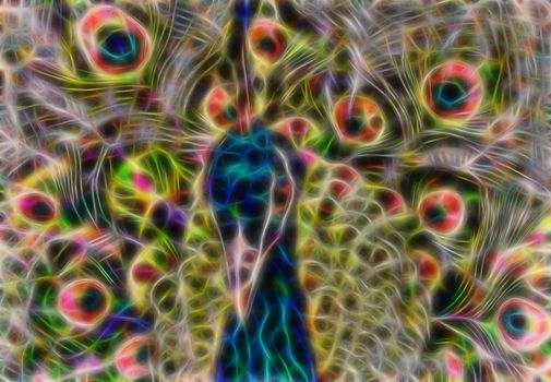 Abstract image of a peacock in the form of glowing fractal lines.