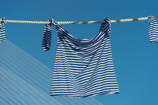 sea vest on a rope against the blue sky. Vladivostok, Russia