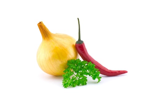 Green parsley twig, golden-brown onion and fresh small red chili pepper isolated on white background