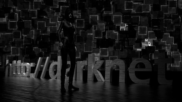 Darknet text word on dark background and a woman in black 3d rendering