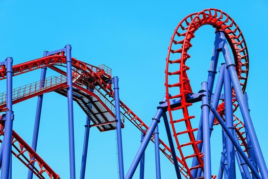 close-up image of a rollercoaster track and the blue sky