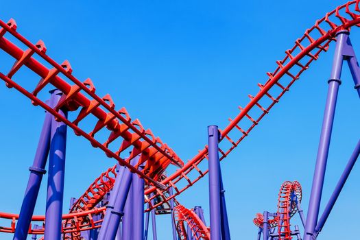 close-up image of a rollercoaster track and the blue sky