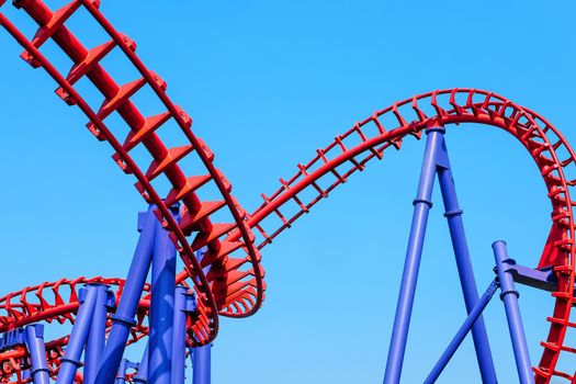 close-up image of a rollercoaster track and the blue sky
