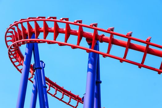 close-up image of a rollercoaster track and the blue sky