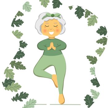 Sporty Granny does Yoga. Old person. Vector colorful cartoon illustration. Senior woman in pose yoga. Exercising for better health. Isolated flat image. Grandma. Grandmother character