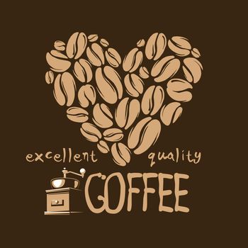 Vector logo with coffee beans drawn on a dark background.