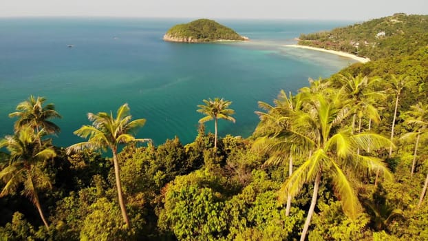 Aerial drone view small Koh Ma island, Ko Phangan Thailand. Exotic coast panoramic landscape, Mae Haad beach, summer day. Sandy path between corals. Vivid seascape, mountain coconut palms from above