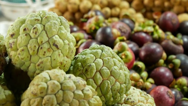 Assorted exotic fruits on stall in market. Bunch of sugar apples placed on blurred background of longans and mangosteens on stall on market in tropical country.