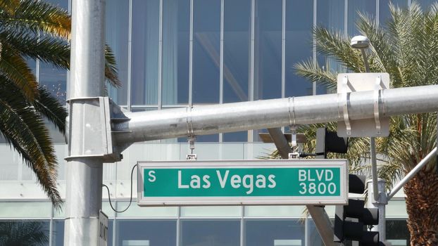 Fabulos Las Vegas, traffic sign on The Strip in sin city of USA. Iconic signboard on the road to Fremont street in Nevada desert. Symbol of casino money playing, betting and hazard in gaming area.