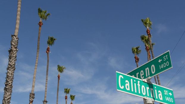 California street road sign on crossroad. Lettering on intersection signpost, symbol of summertime travel and vacations. USA tourist destination. Text on nameboard in city near Los Angeles, route 101.