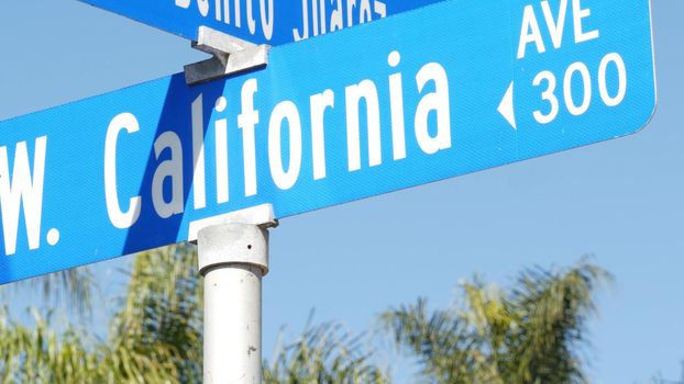 California street road sign on crossroad. Lettering on intersection signpost, symbol of summertime travel and vacations. USA tourist destination. Text on nameboard in city near Los Angeles, route 101.