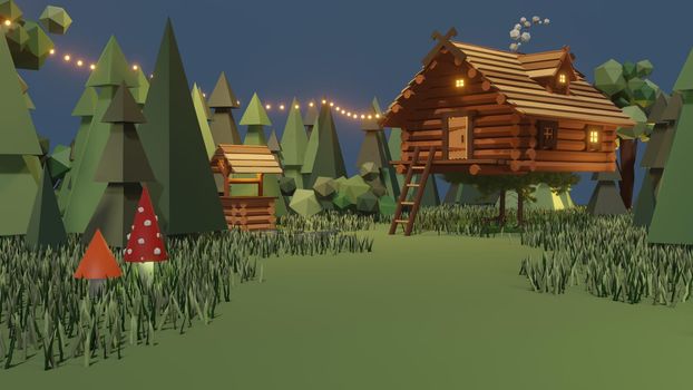 Wooden house from magical fairy tale in forest. 3D illustration of surreal Baba Yaga hut on chicken legs in wood. Supernatural rustic cottage model. Slavic folklore, russian mythology. Graphic design.