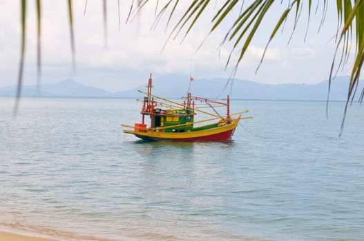 Sailing colorful boat in tropical water, View of small multicolored sailing boat in shallow water of tropical ocean shoreline with palm leaves above, Thailand