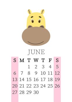 Calendar 2021. Monthly calendar for June 2021 from Sunday to Saturday. Yearly Planner. Templates with cute hand drawn face animals. Vector illustration. Great for kids. Calendar page for print.