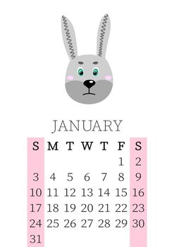 Calendar 2021. Monthly calendar for January 2021 from Sunday to Saturday. Yearly Planner. Templates with cute hand drawn face animals. Vector illustration. Great for kids. Calendar page for print.