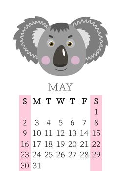 Calendar 2021. Monthly calendar for May 2021 from Sunday to Saturday. Yearly Planner. Templates with cute hand drawn face animals. Vector illustration. Great for kids. Calendar page for print.