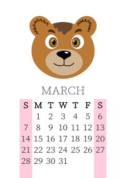 Calendar 2021. Monthly calendar for March 2021 from Sunday to Saturday. Yearly Planner. Templates with cute hand drawn face animals. Vector illustration. Great for kids. Calendar page for print.