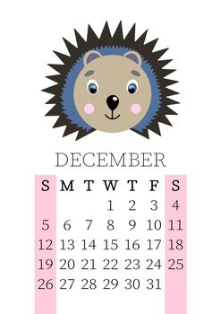 Calendar 2021. Monthly calendar for December 2021 from Sunday to Saturday. Yearly Planner. Templates with cute hand drawn face animals. Vector illustration. Great for kids. Calendar page for print.