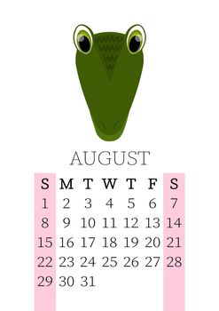 Calendar 2021. Monthly calendar for August 2021 from Sunday to Saturday. Yearly Planner. Templates with cute hand drawn face animals. Vector illustration. Great for kids. Calendar page for print.