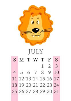 Calendar 2021. Monthly calendar for July 2021 from Sunday to Saturday. Yearly Planner. Templates with cute hand drawn face animals. Vector illustration. Great for kids. Calendar page for print.