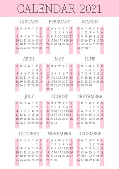 2021 calendar planner. Сorporate week. Template layout, 12 months yearly, white and pink background. Simple design for business brochure, flyer, print media, advertisement. Week starts from Sunday.