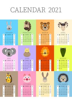 Calendar 2021. Monthly calendar 2021 from Sunday to Saturday. Yearly Planner. Templates with cute hand drawn face animals. Vector illustration. Great for kids. Calendar page for print.