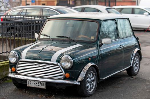 terni,italy february 11 2021:mini cooper vintage in green color