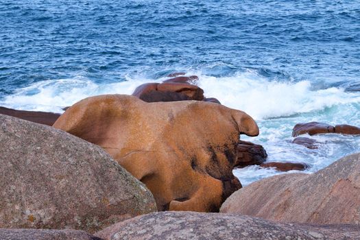 Bizarre boulders on the Cote de Granit Rose - Pink Granite Coast - in Brittany, France