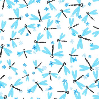 Seamless pattern with color dragonfly and flowers on white background. Romantic vector illustration. Adorable cartoon character. Template design for invitation, textile, fabric. Doodle style.