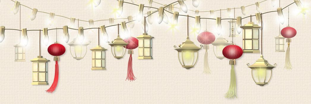 Happy Lantern festival. Spring Chinese festival design. Oriental Asian traditional lanterns on string of lights on pastel yellow background. Place for text, Horizontal 3D illustration