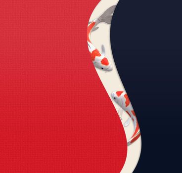 Koi carp fish, abstract minimalist design, oriental style. Chinese style background with koi carp fishes on red blue curves background. 3D illustration