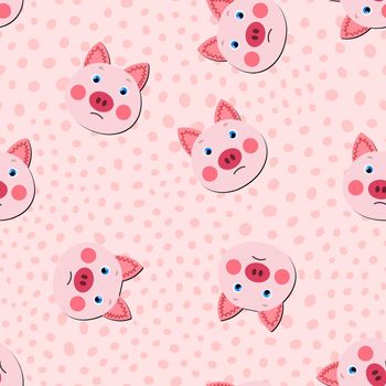 Vector flat animals colorful illustration for kids. Seamless pattern with cute pig face on pink polka dots background. Adorable cartoon character. Design for textures, card, poster, fabric, textile