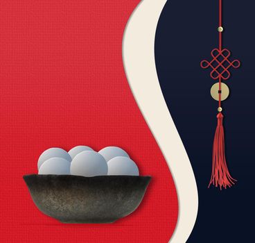 Chinese Lantern Festival food. Chinese food dumplings rice balls in bowl. Asian knot. Template for Chinese New Year Lantern festival celebration. Copy space, mock up. 3D illustration