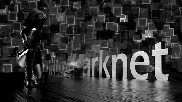 Darknet text word on a dark background, a woman in black and a skull - 3d rendering