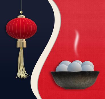 Chinese Lantern Festival. Chinese New Year. Food dumplings in bowl, Asian lantern. Template for Chinese New Year Lantern festival celebration. Copy space, mock up. 3D illustration