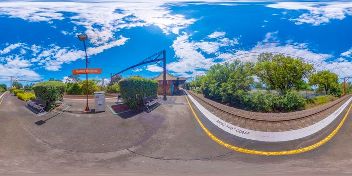 Spherical 360 panorama photograph of the Valley Heights Train Station in The Blue Mountains in regional New South Wales in Australia