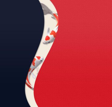 Koi carp fish, oriental style template. Chinese style background with koi carp fishes on red blue curves background. Place for text, mock up 3D illustration