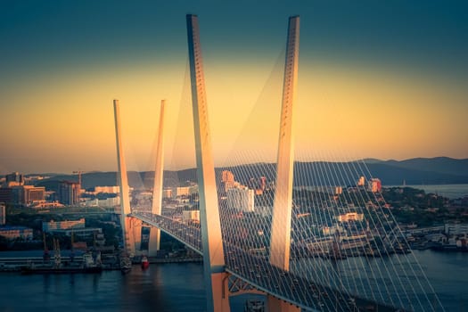 Urban landscape with a view of the Golden bridge. Vladivostok, Russia