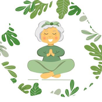 Sporty Granny does Yoga. Old person. Vector colorful cartoon illustration. Senior woman in pose yoga. Exercising for better health. Isolated flat image. Grandma. Grandmother character