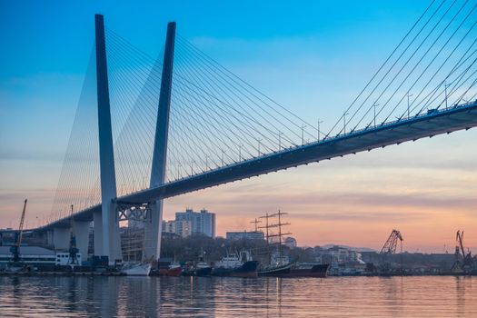 Vladivostok, Primorsky Krai. the City skyline with views of the Golden bridge and the ships in the Bay.
