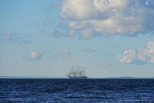Vintage white sailboat on the background of the seascape. Vladivostok, Russia