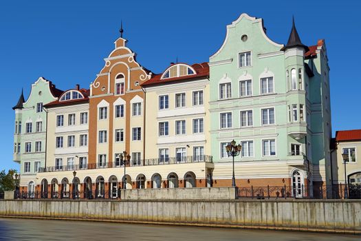 Urban landscape with views of the embankment and buildings. Kaliningrad, Russia