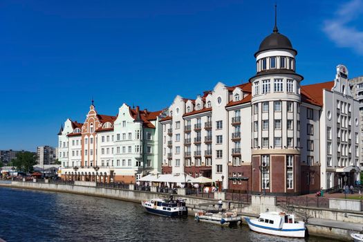 Kaliningrad, Russia. The city skyline, the river Pregolya and the sights of the city on the background of blue sky.