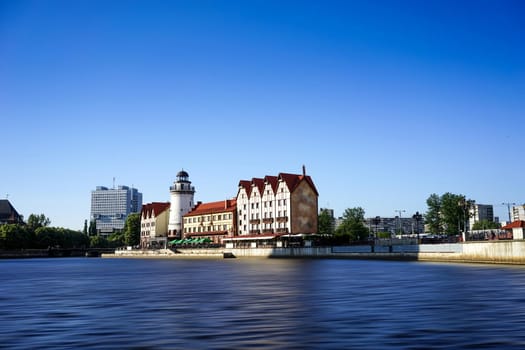The urban landscape of the city of Kaliningrad and the pregola river